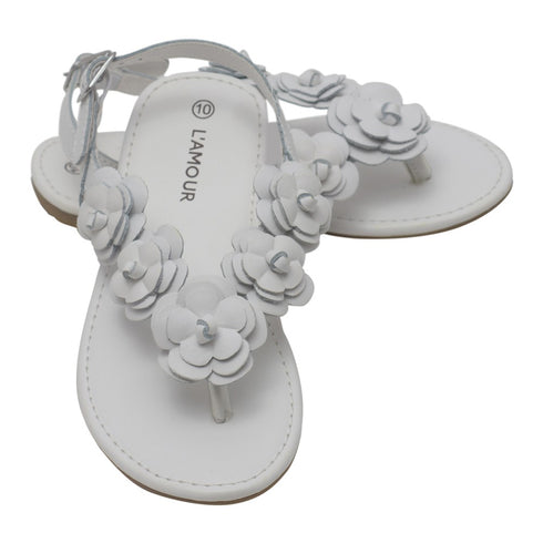 L'Amour Girls White Flower Blossom Accent Buckle Thong Sandals 7-10 Toddler - SophiasStyle.com